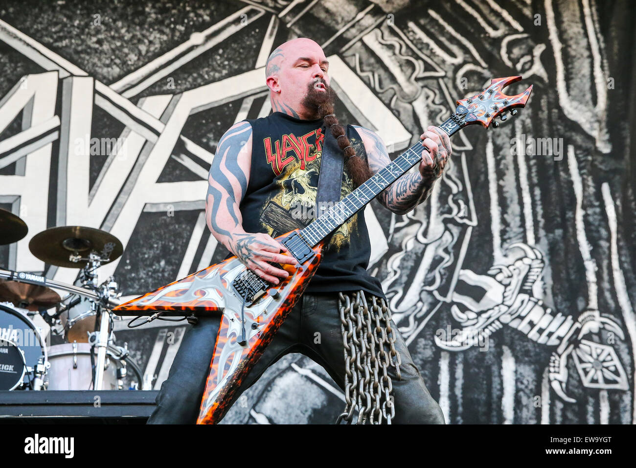 Slayer performs as part of the 2015 Carolina Rebellion festival at the Charlotte Motor Speedway in Charlotte, NC. Stock Photo