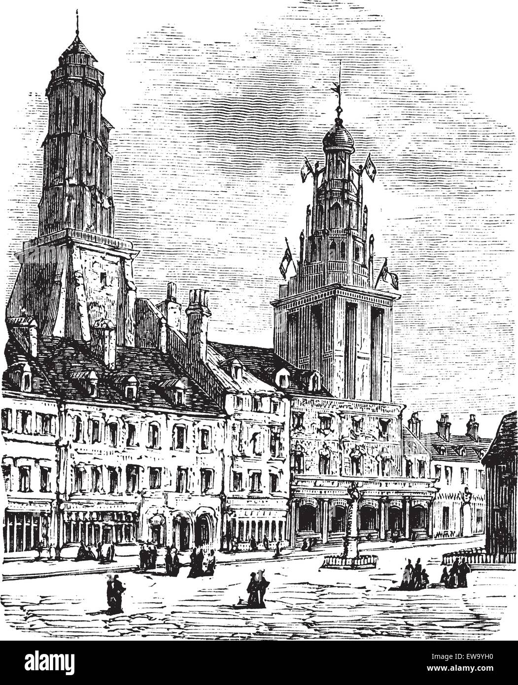 Calais city in France. City square, city hall and lighthouse vintage engraving. Old engraved illustration of a city scen in Calais, 1890. Stock Vector