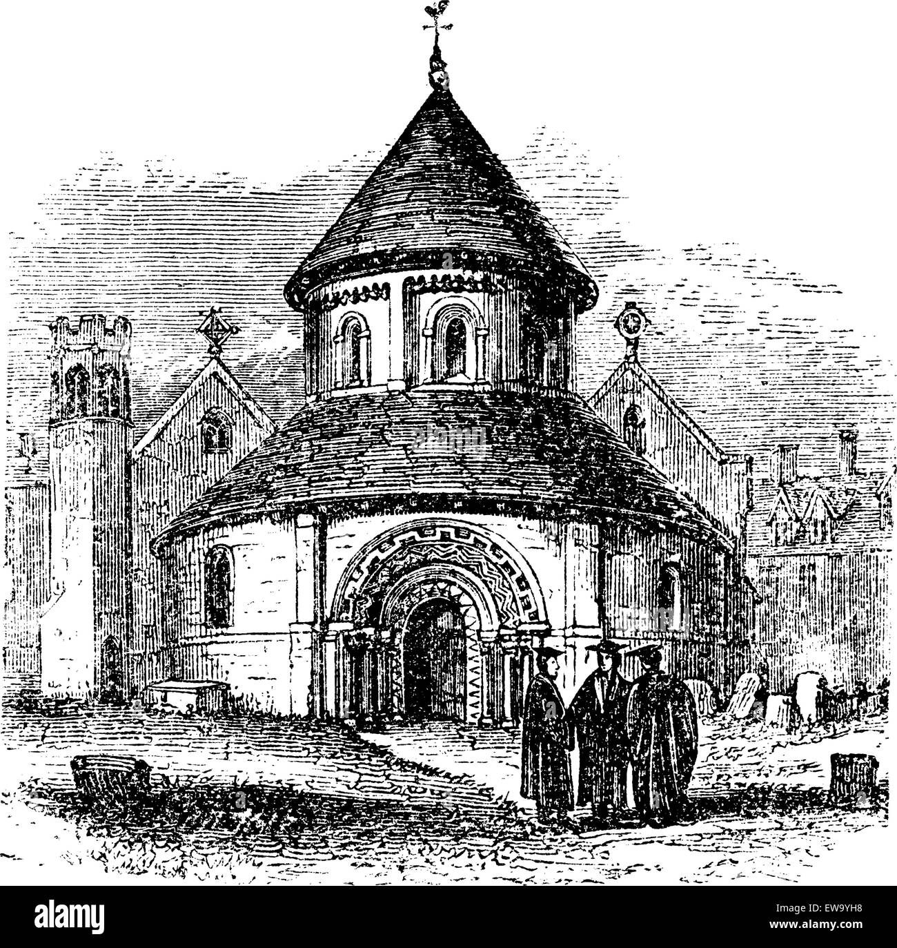 Church of the Holy Sepulchre, Cambridge, United Kingdom, vintage engraving. Old engraved illustration of the Church of the Holy Sepulchre with thre scholars standing in front of it, 1890sé Stock Vector