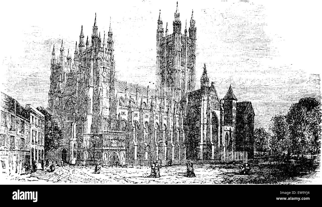 Canterbury Cathedral, Kent,England vintage engraving.Old engraved illustration of of a street scene view of the Cathedral of Canterbury in the 1890s Stock Vector