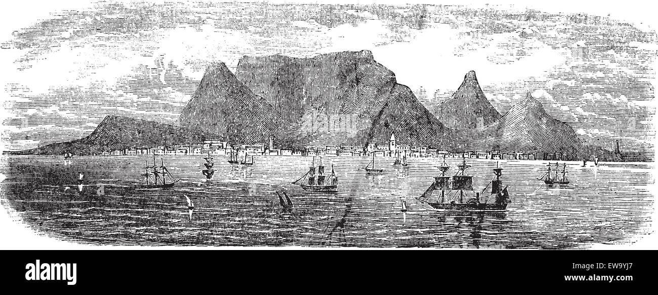 Scenic view from Table bay vintage, Cape Town, South Africa vintage engraving. Old engraved illustration view of Table Mountains near Cape town with ships, 1890s. Stock Vector