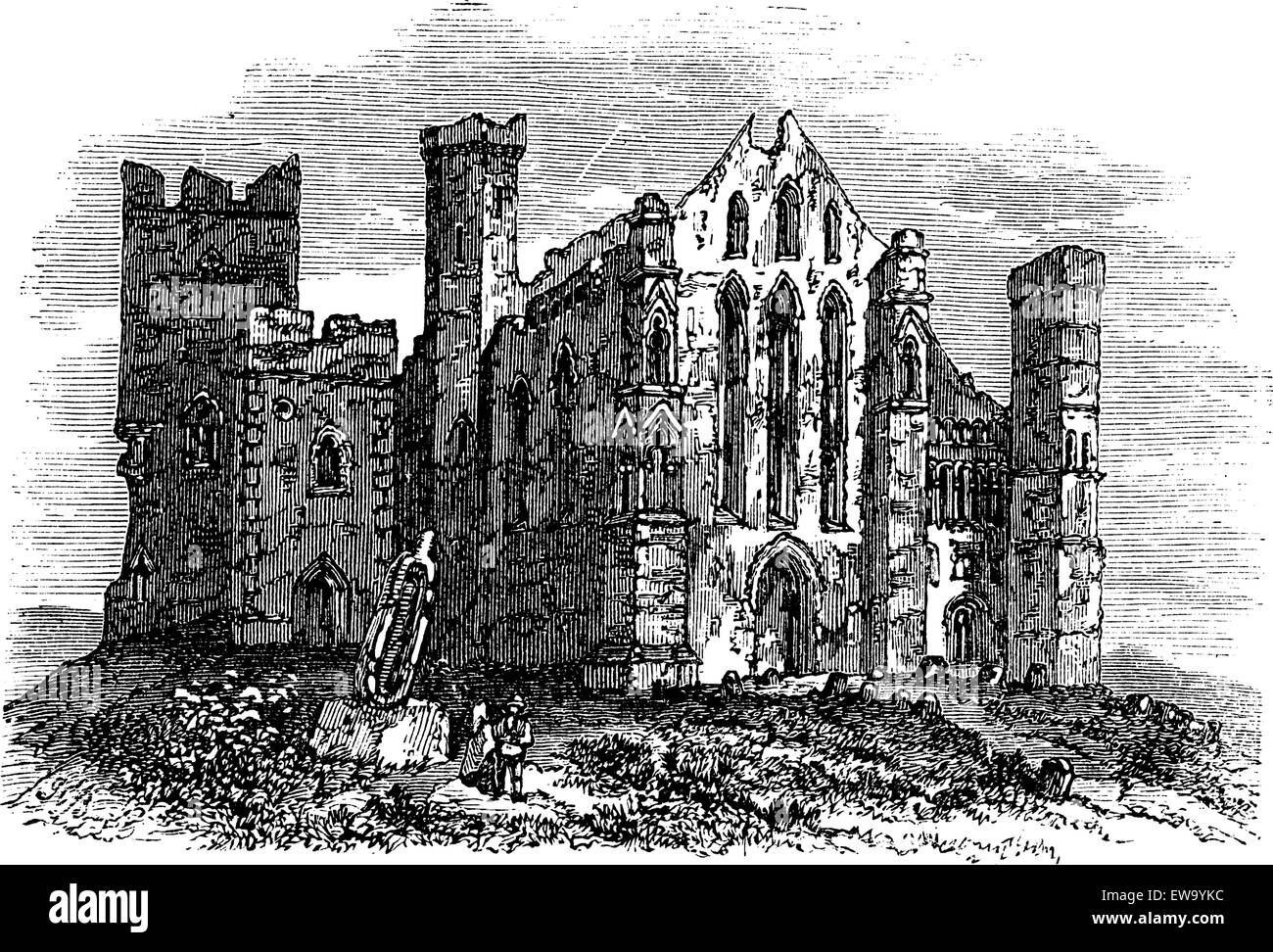 Rock of Cashel or Cashel of the Kings or St. Patrick's Rock, Located at the town of Cashel, in South Tipperary county, Ireland vintage engraving. Old engraved illustration of rock of cashel with ruined buildings and ancient cemetery. Stock Vector