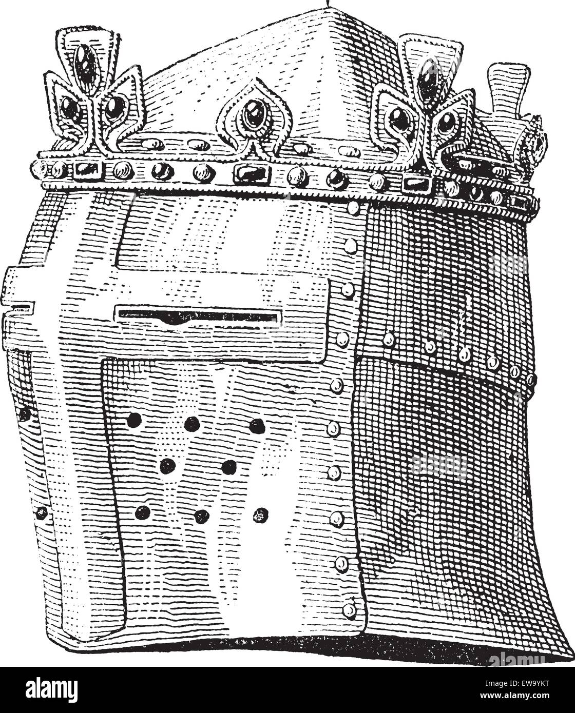 Helmet or galea worn by Louis IX in the battle of the Massoure vintage engraving. Old engraved illustration of helmet worn by Louis IX. Stock Vector