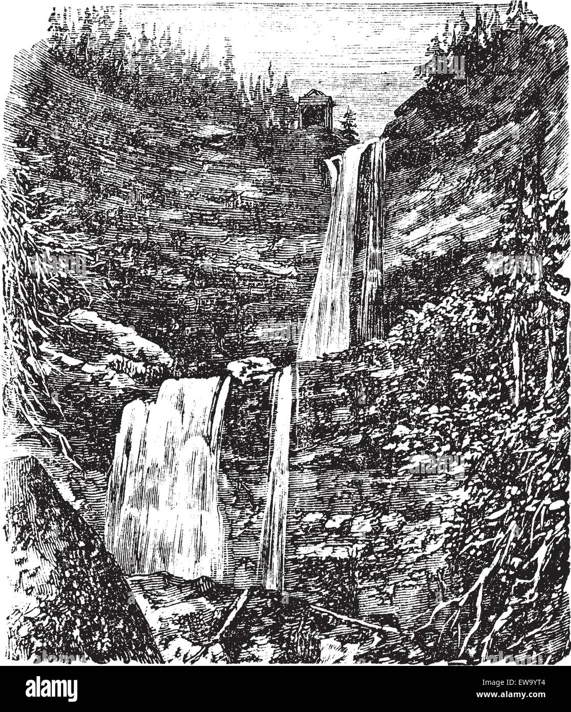 Catskill or Kaaterskill Falls vintage engraving. Old engraved illustration of beautiful catskill waterfalls. Stock Vector