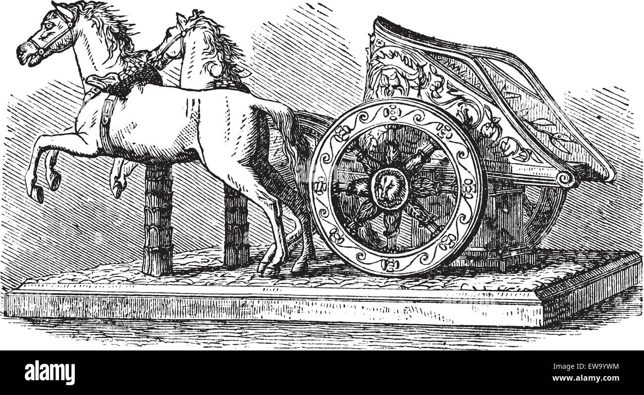 Roman Chariot, vintage engraving. Old engraved illustration of a Roman Chariot pulled by two horses. Stock Vector