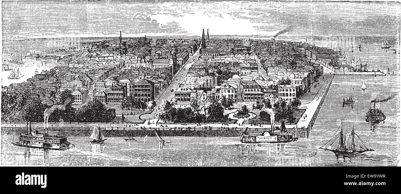 Charleston, in South Carolina, USA, during the 1890s, vintage engraving. Old engraved illustration of Charleston. Stock Vector
