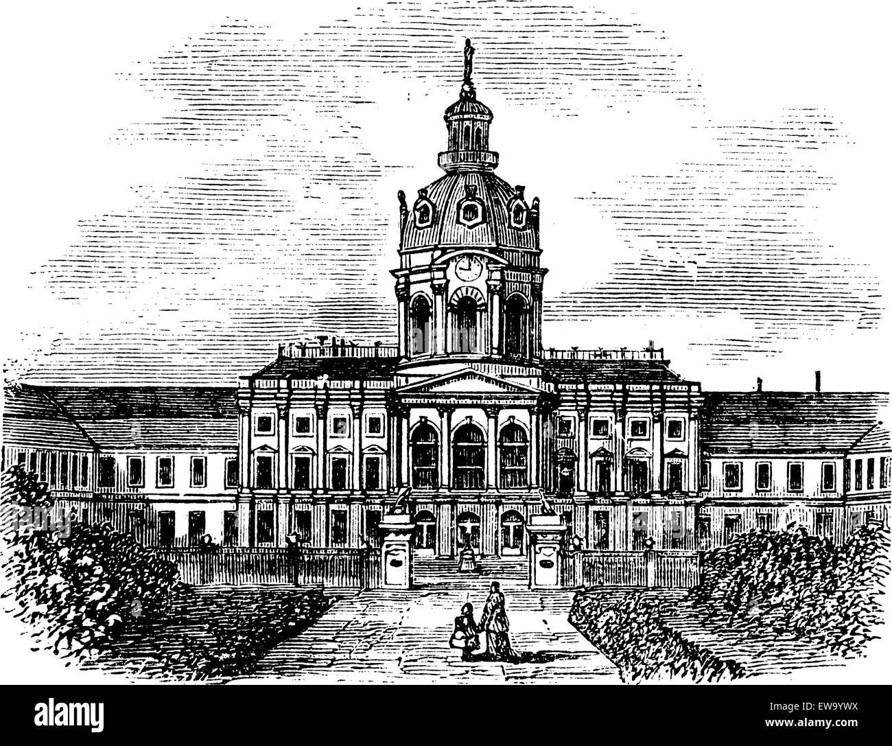Charlottenburg Royal Palace, in Berlin, Germany, during the 1890s, vintage engraving. Old engraved illustration of Charlottenburg Palace. Stock Vector