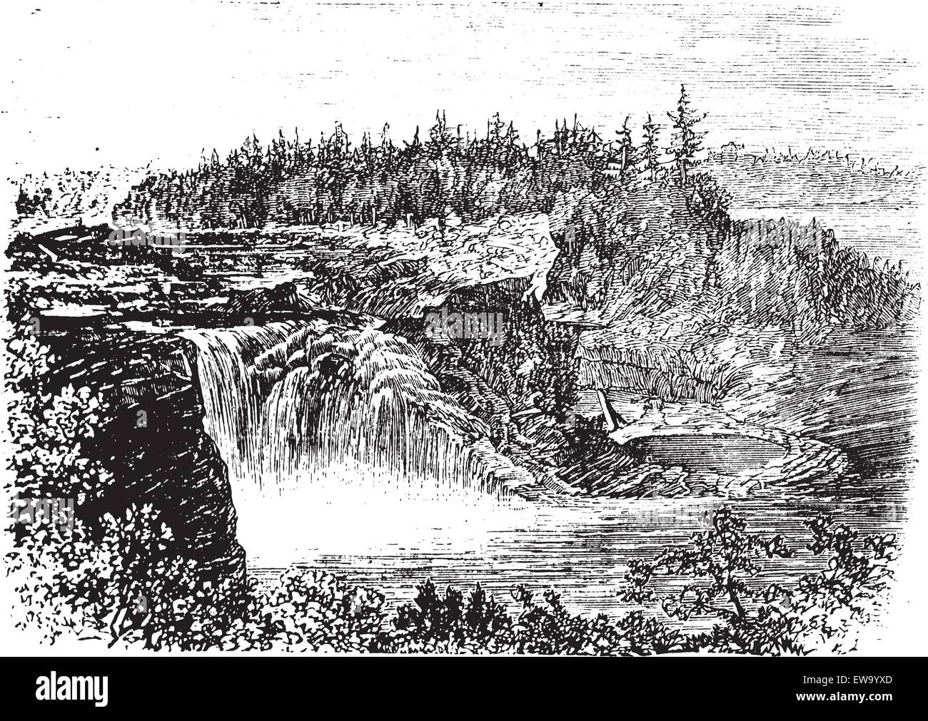 Chaudiere river Falls,in Quebec, Canada vintage engraving, during the 1890s. Old engraved illustration of the Kettle Falls. Stock Vector