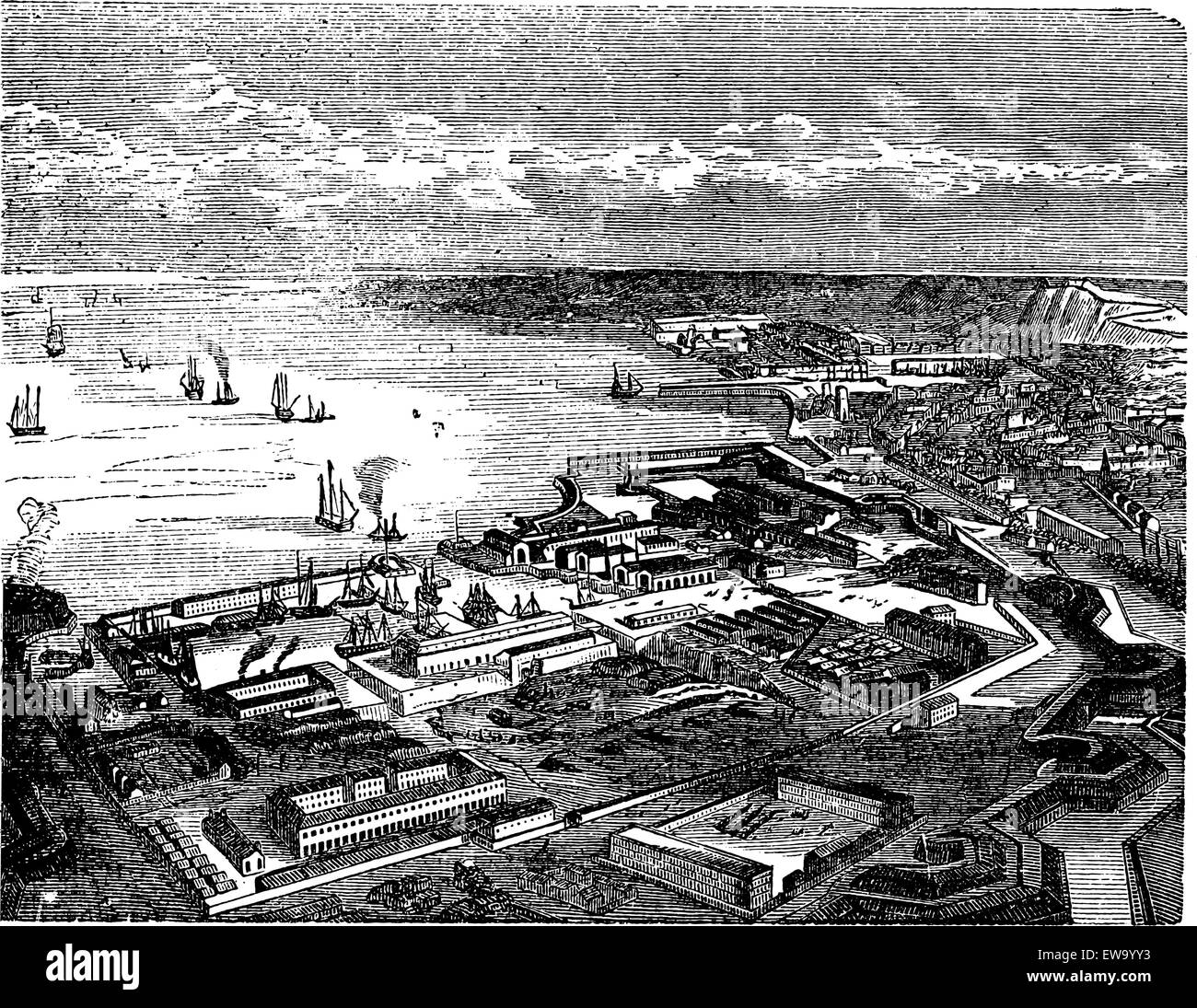 Cherbourg-Octeville, in Normandy, France, during the 1890s, vintage engraving. Old engraved illustration of Cherbourg-Octeville. Stock Vector
