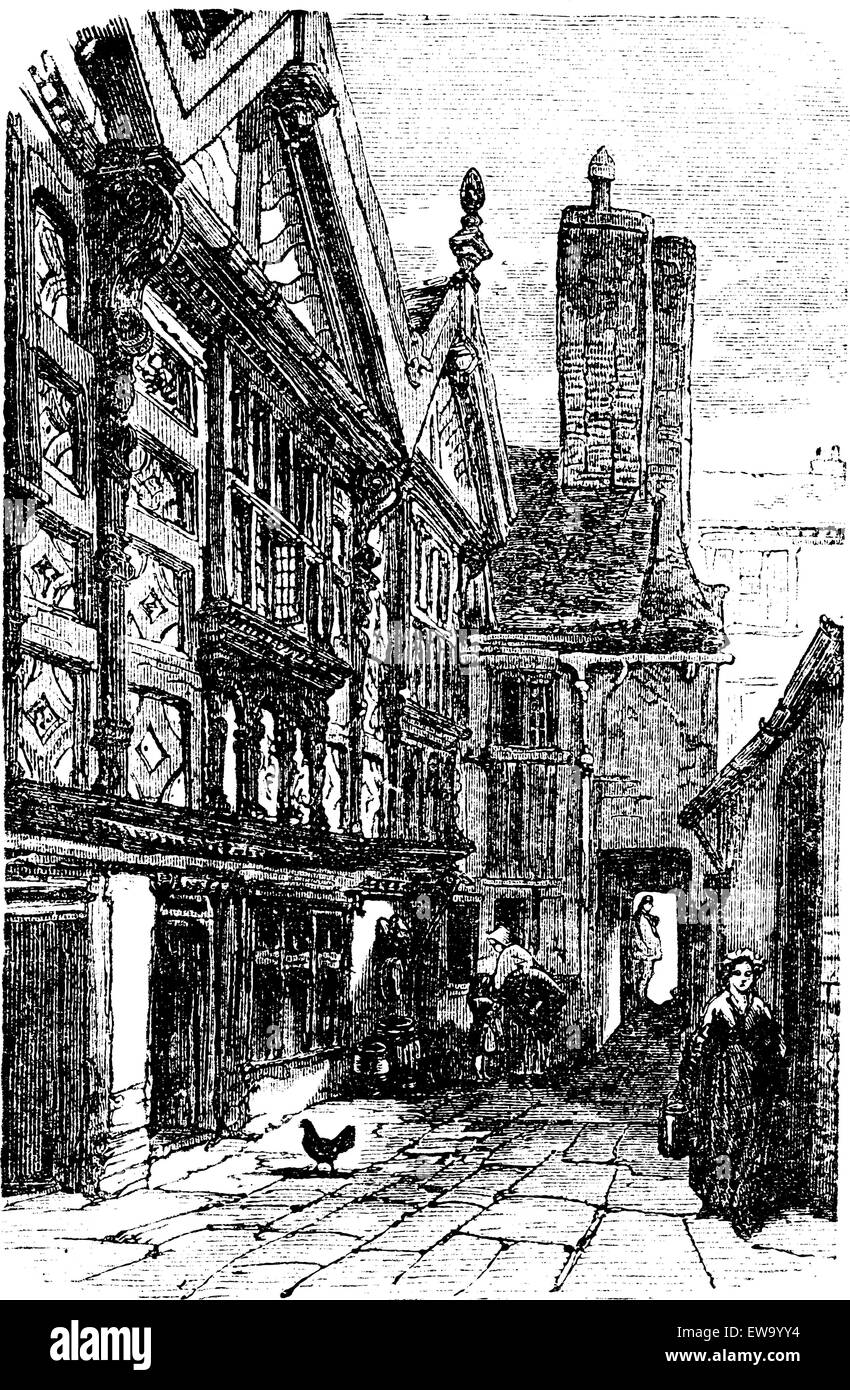 Stanley Palace, in Chester, Cheshire, United Kingdom, during the 1890s, vintage engraving. Old engraved illustration of a street scene in front of Stanley Palace. Stock Vector
