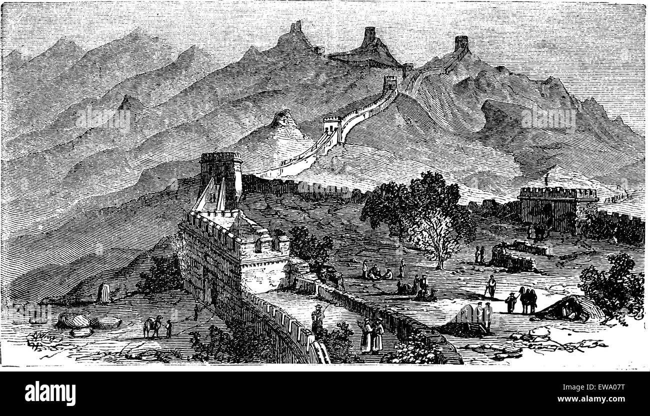 Great Wall of China, during the 1890s, vintage engraving Stock Vector