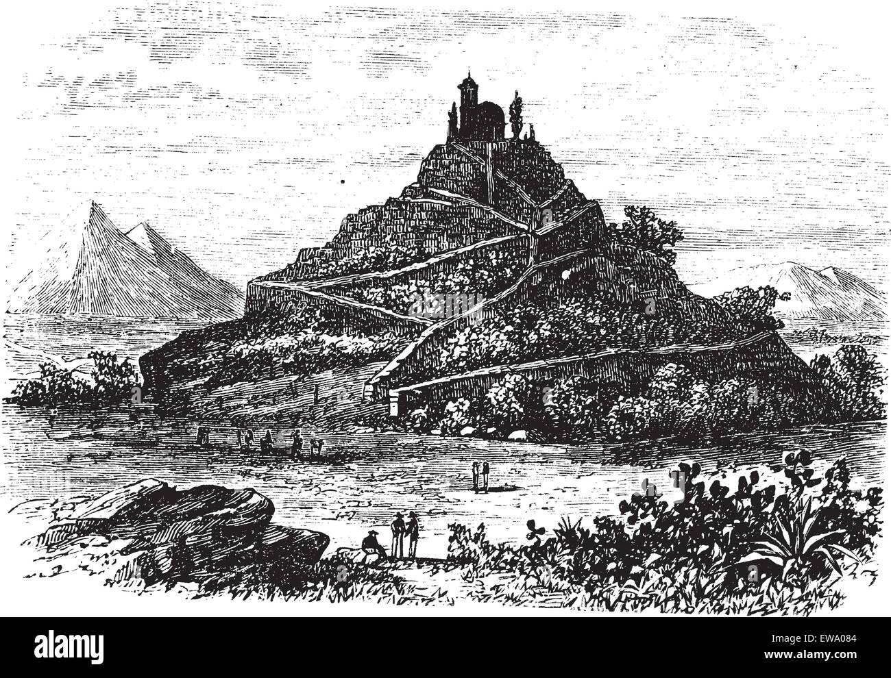 Great Pyramid of Cholula or Tlachihualtepetl in Puebla, Mexico, during the 1890s, vintage engraving. Old engraved illustration of the Great Pyramid of Cholula. Stock Vector