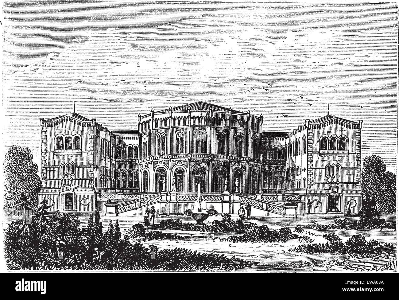 Storting or Parliament of Norway, in Oslo, Norway, during the 1890s, vintage engraving. Old engraved illustration of Storting. Stock Vector