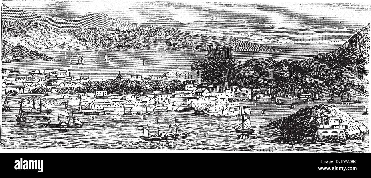 Christiansted in the U.S. Virgin Islands, during the 1890s, vintage engraving. Old engraved illustration of Christiansted. Stock Vector