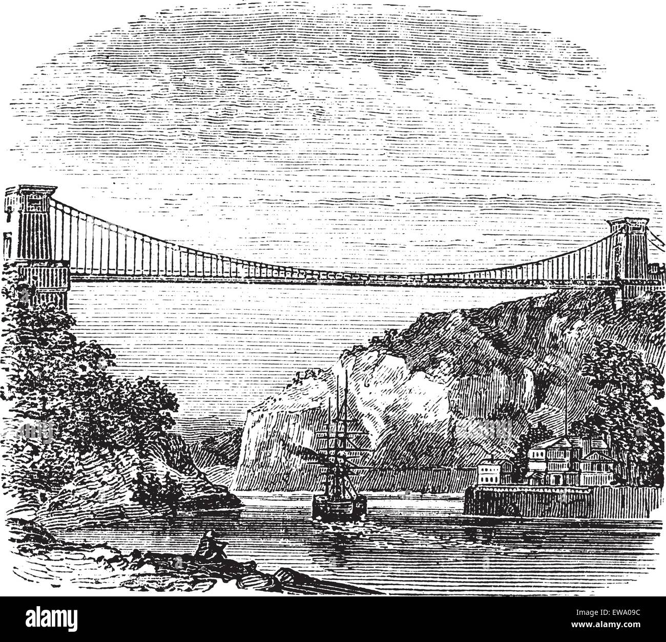 Clifton Suspension Bridge, in Clifton, Bristol to Leigh Woods, North Somerset, England, during the 1890s, vintage engraving. Old engraved illustration of the Clifton Suspension Bridge. Stock Vector