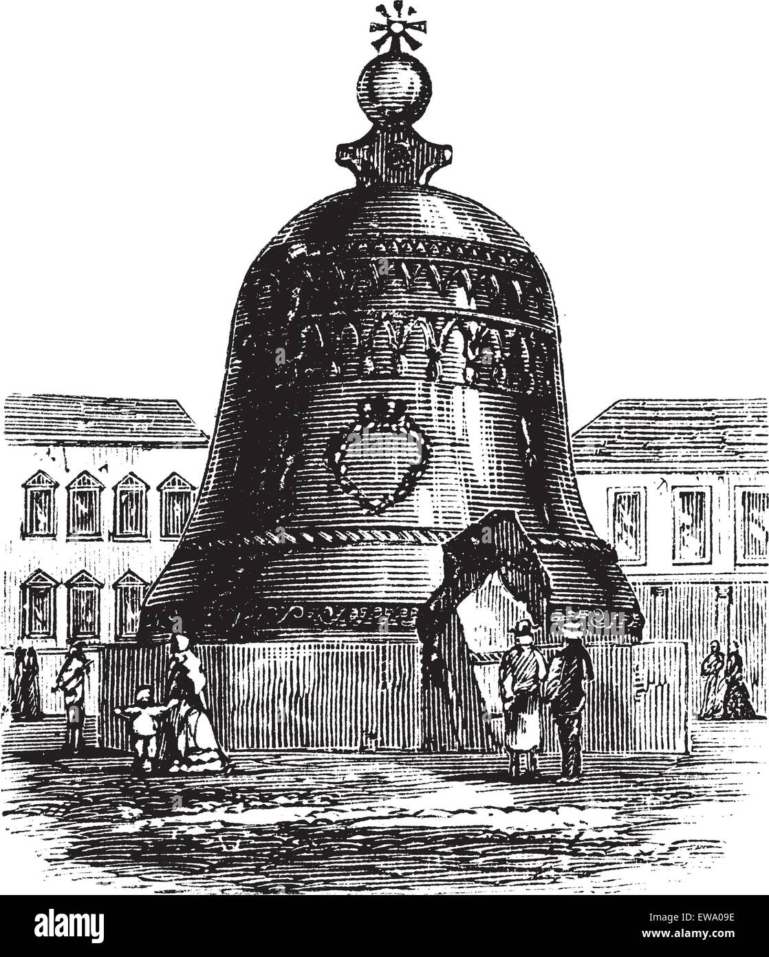 Tsar Bell or Tsarsky Kolokol or Tsar Kolokol III or Royal Bell, in Moscow, Russian Federation, during the 1890s, vintage engraving. Old engraved illustration of Tsar Bell showing a broken slab. Stock Vector