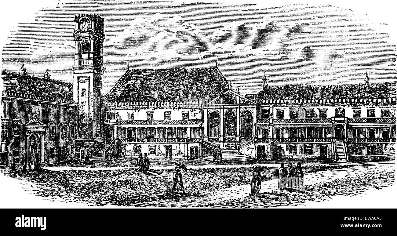 University of Coimbra, in Coimbra, Portugal, during the 1890s, vintage engraving. Old engraved illustration of University of Coimbra. Stock Vector