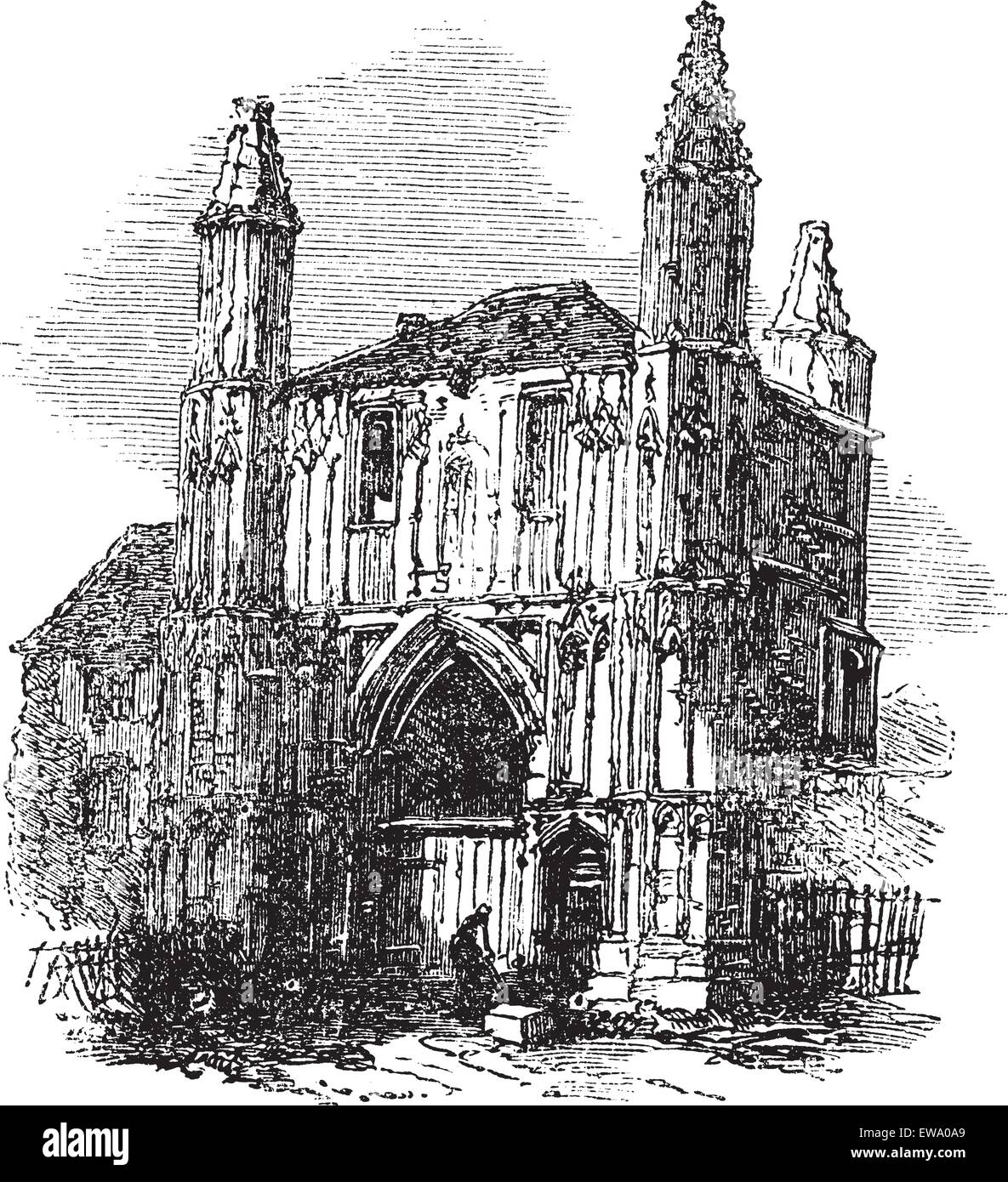 Colchester Abbey, in Essex, England, during the 1890s, vintage engraving. Old engraved illustration of Colchester Abbey. Stock Vector