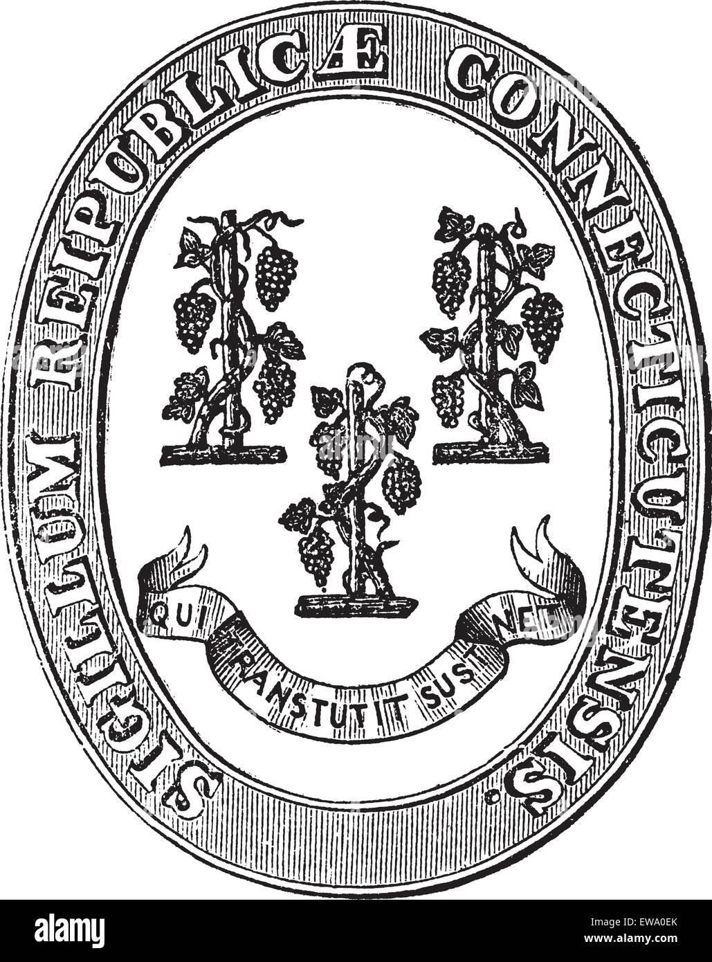Seal of Connecticut, vintage engraving. Old engraved illustration of the Seal of Connecticut. Stock Vector