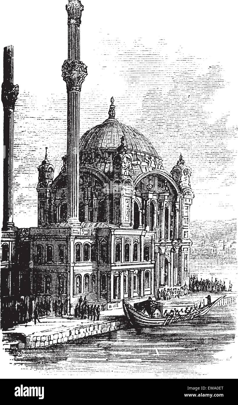 Sultan Ahmed Mosque or Blue Mosque in Istanbul, Turkey, during the 1890s, vintage engraving. Old engraved illustration of the Sultan Ahmed Mosque. Stock Vector