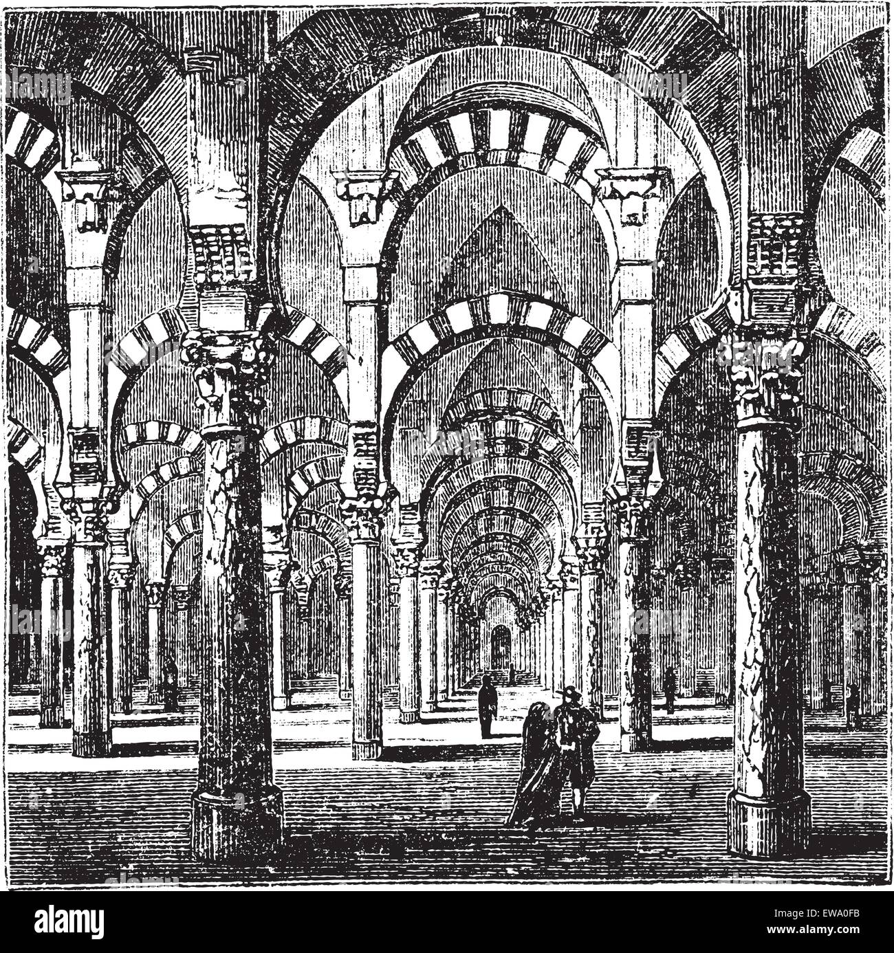 Cathedral-Mosque of Cordoba in Andalusia, Spain, during the 1890s, vintage engraving. Old engraved illustration of the interior of the Cathedral-Mosque of Cordoba. Stock Vector