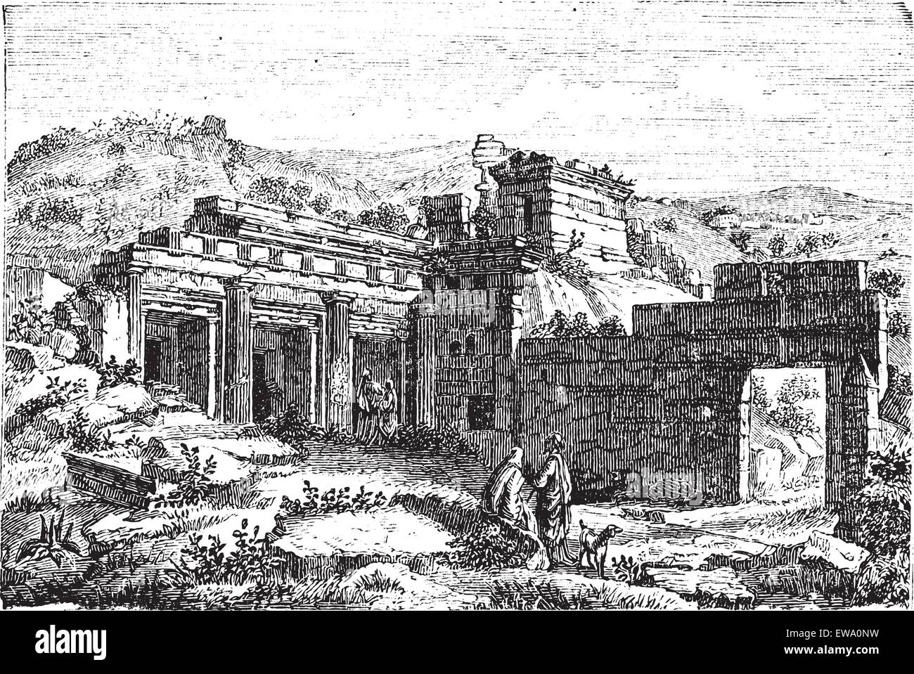 Ruins of Cyrene, in Shahhat, Libya, during the 1890s, vintage engraving. Old engraved illustration of the Ruins of Cyrene. Stock Vector