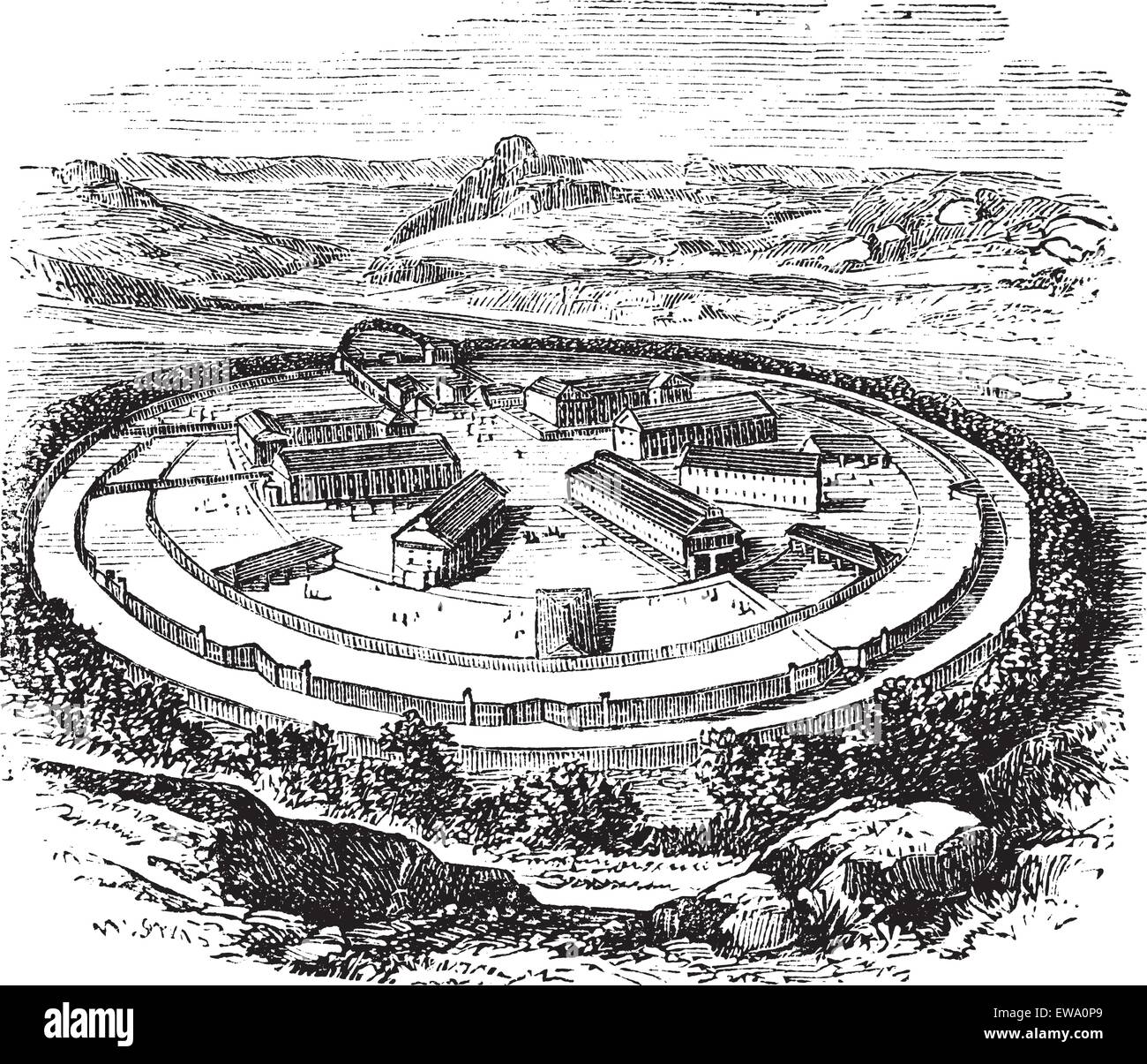 Dartmoor Prison in England, United Kingdom, during the 1890s, vintage engraving. Old engraved illustration of Dartmoor Prison. Stock Vector