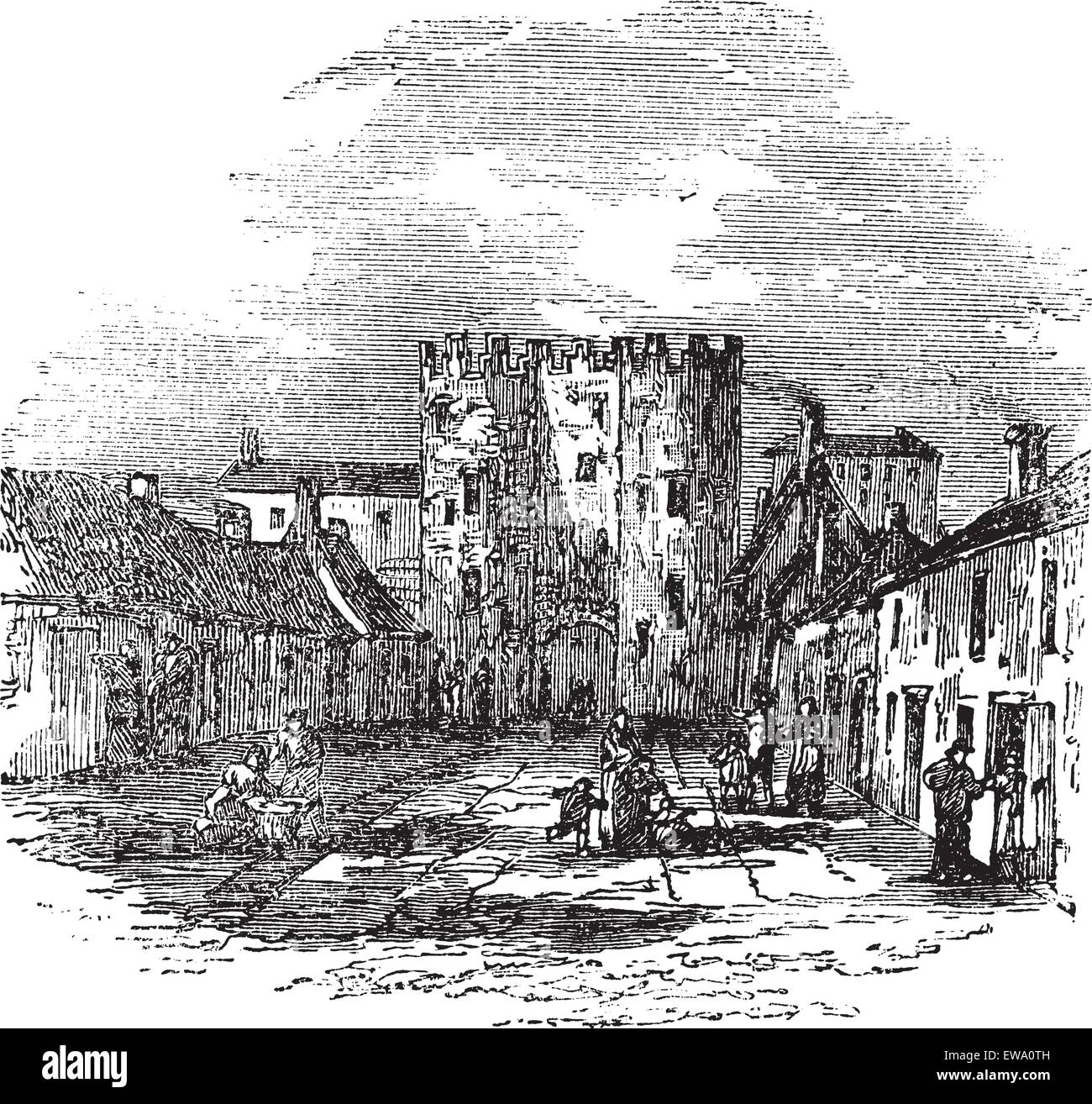 Drogheda in Leinster, Ireland, during the 1890s, vintage engraving. Old engraved illustration of Drogheda showing Saint Lawrence's Gate. Stock Vector