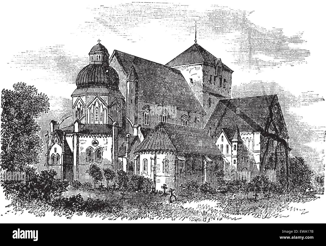 Nidaros Cathedral in Trondheim, Norway, during the 1890s, vintage engraving. Old engraved illustration of the Nidaros Cathedral. Stock Vector