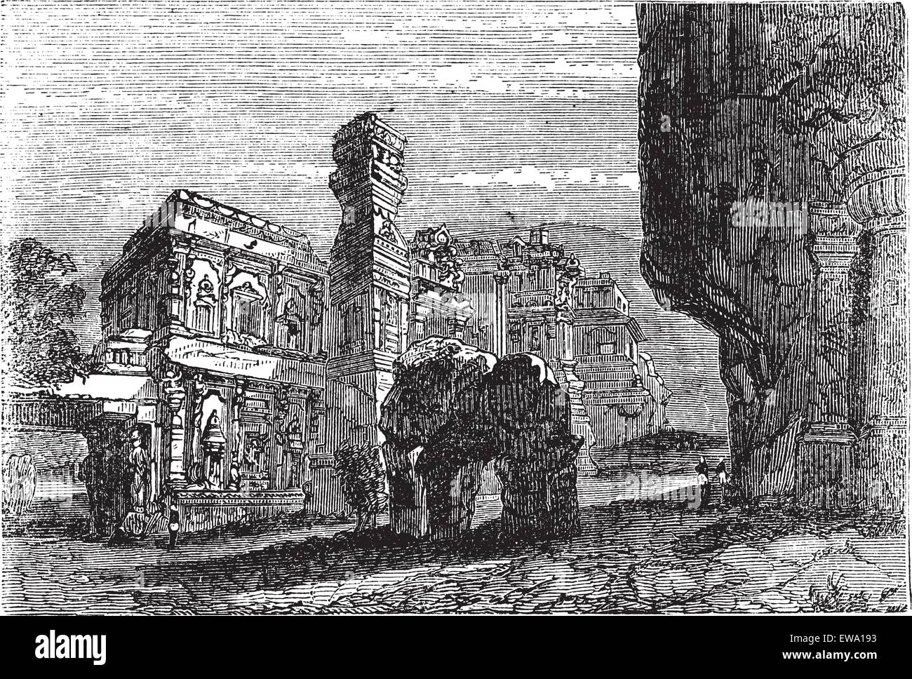 Kailash Temple in Ellora, Maharashtra, India, during the 1890s, vintage engraving. Old engraved illustration of Kailash Temple. Stock Vector