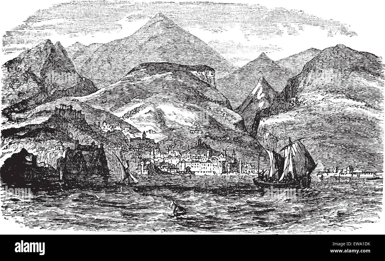 Funchal in Madeira, Portugal , during the 1890s, vintage engraving. Old engraved illustration of Funchal with moving boats in front and city in back. Stock Vector