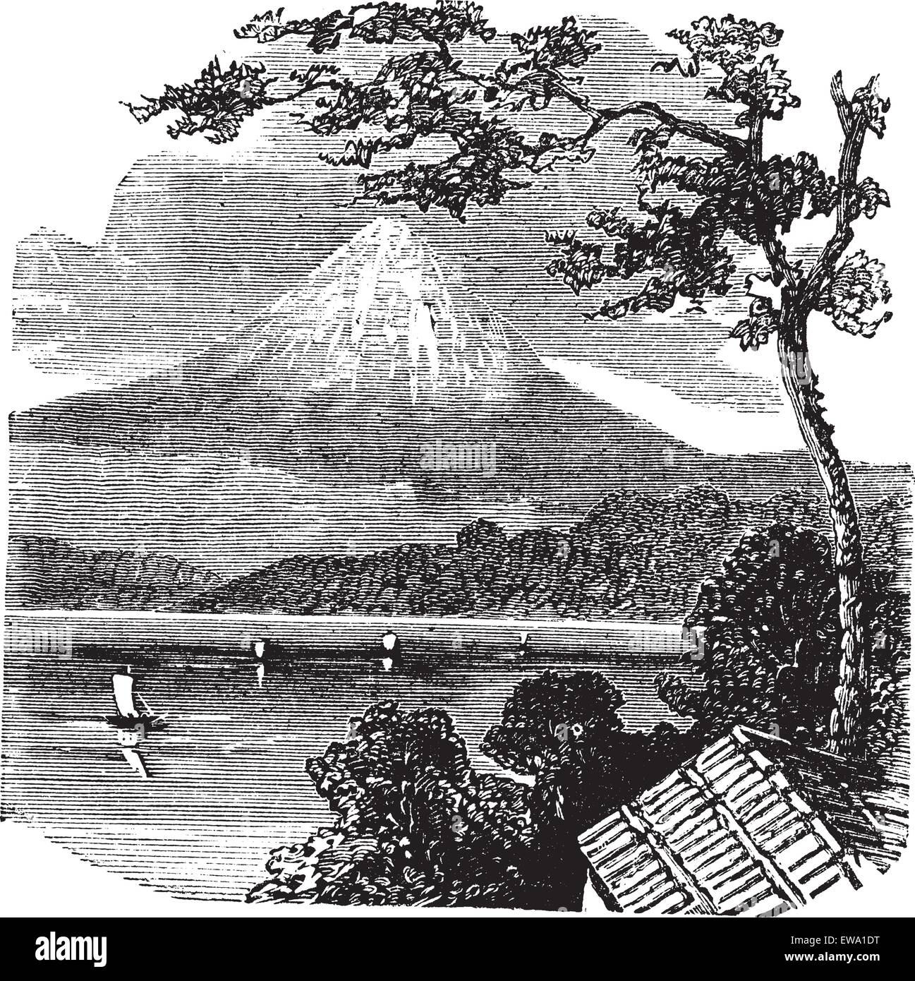 Mount Fuji in Japan, during the 1890s, vintage engraving. Old engraved illustration of Mount Fuji, with Lake Kawaguchi and trees in front. Stock Vector