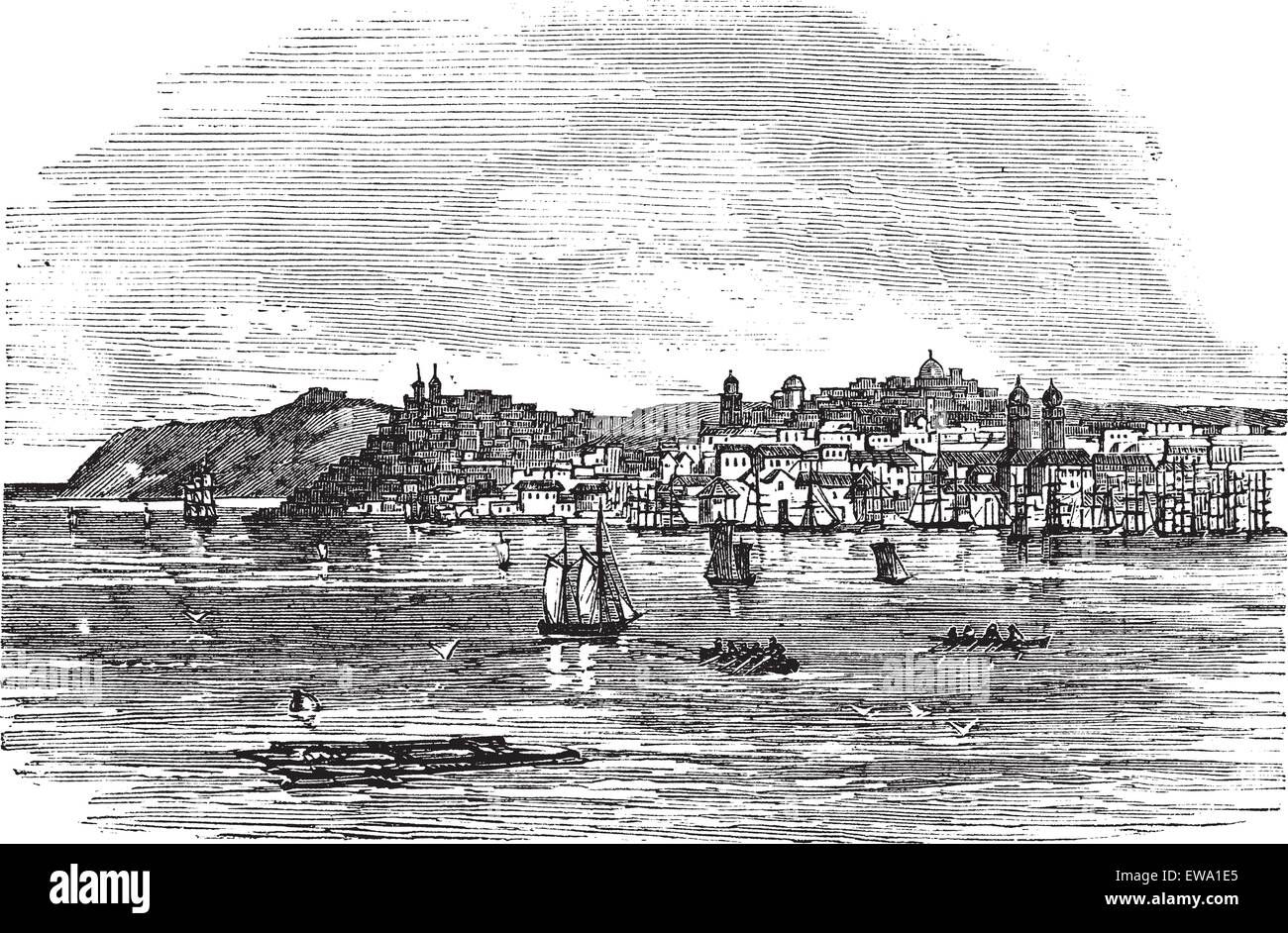 Galati in Romania, during the 1890s, vintage engraving. Old engraved illustration of Galati with moving boats in front and city in back. Stock Vector