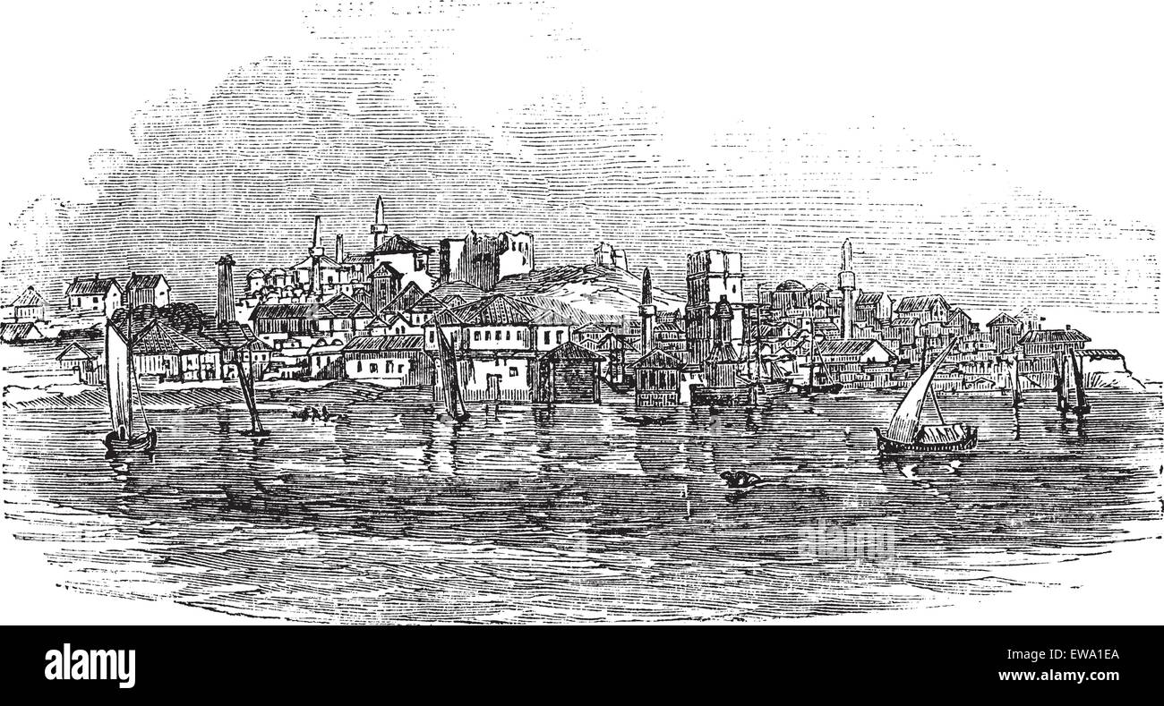 Gallipoli or Gelibolu in Turkey, during the 1890s, vintage engraving.  Old engraved illustration of Gallipoli with moving boats in front and city in back. Stock Vector