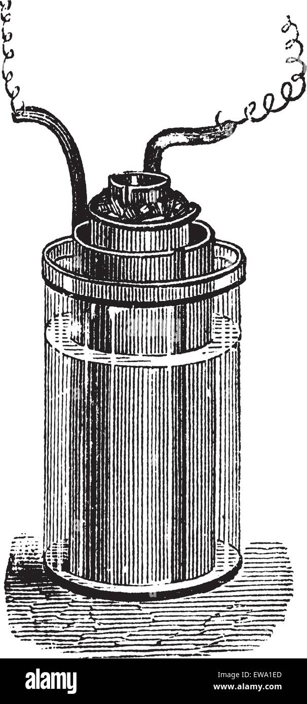 Daniell cell or gravity cell or crowfoot cell, vintage engraving. Old engraved illustration of Daniell cell, isolated on a white background. Stock Vector