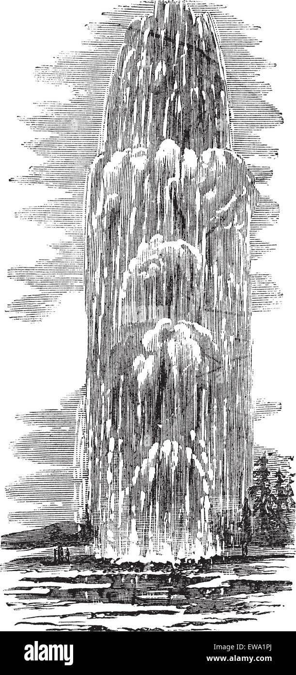 Giantess Geyser in Yellowstone National Park, USA, during the 1890s, vintage engraving. Old engraved illustration of Giantess Geyser with water eruptions. Stock Vector
