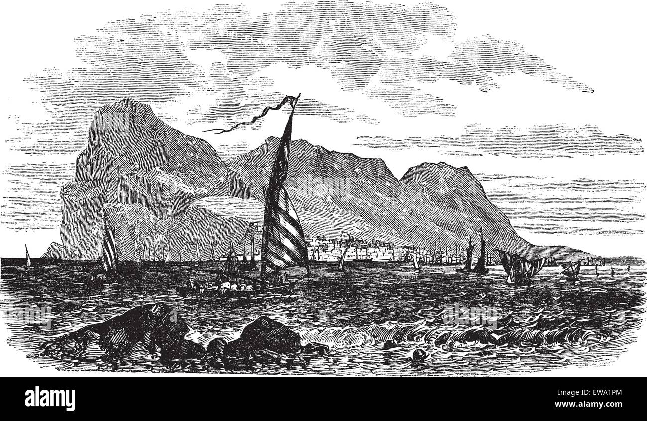 Gibraltar in Iberian Peninsula, Europe, during the 1890s, vintage engraving. Old engraved illustration of Gibraltar with moving boats in front. Stock Vector