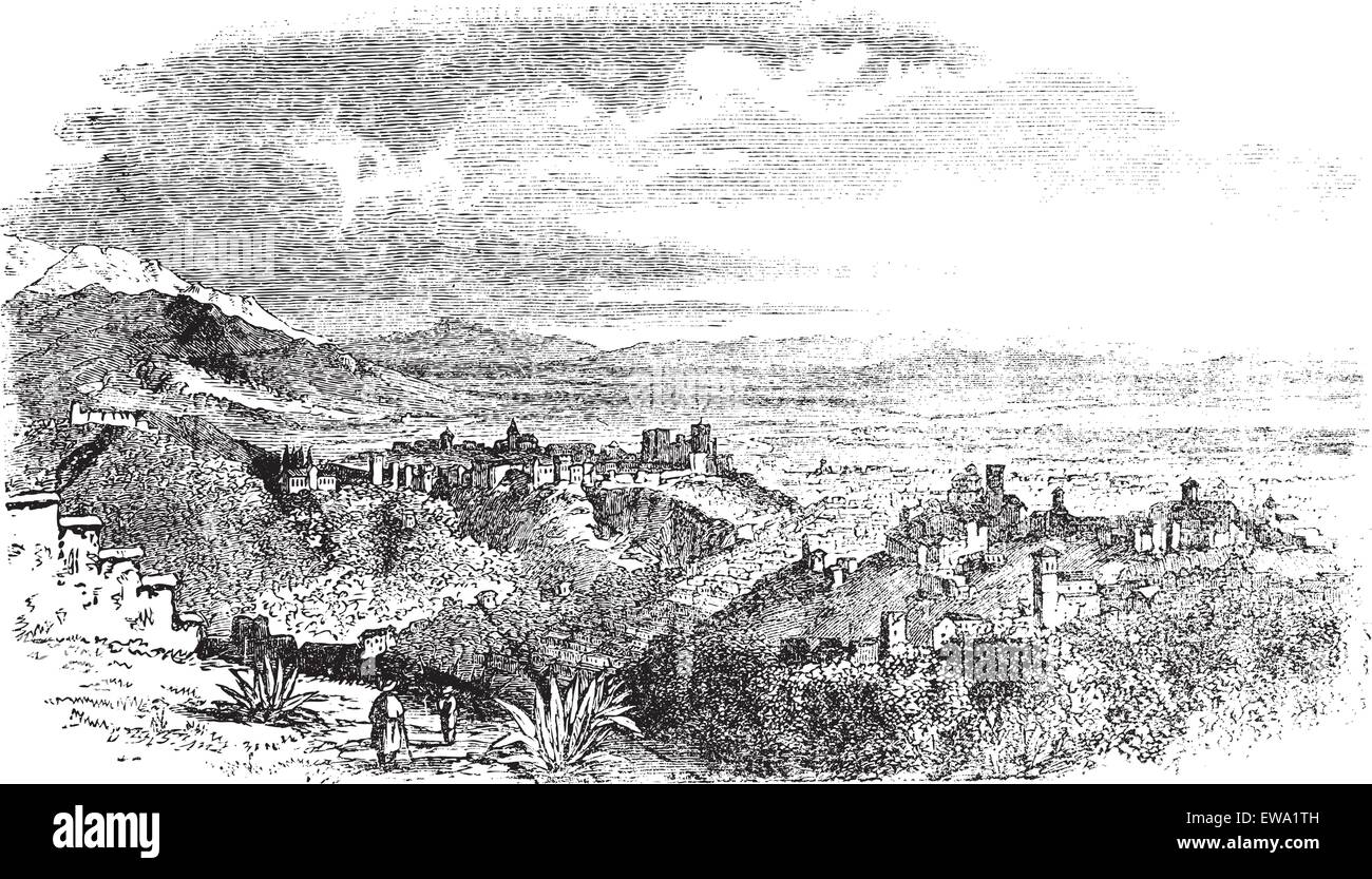 View of village at Granada, Andalusia, Spain vintage engraving. Old engraved illustration of countryside view of Granada,1890s. Stock Vector