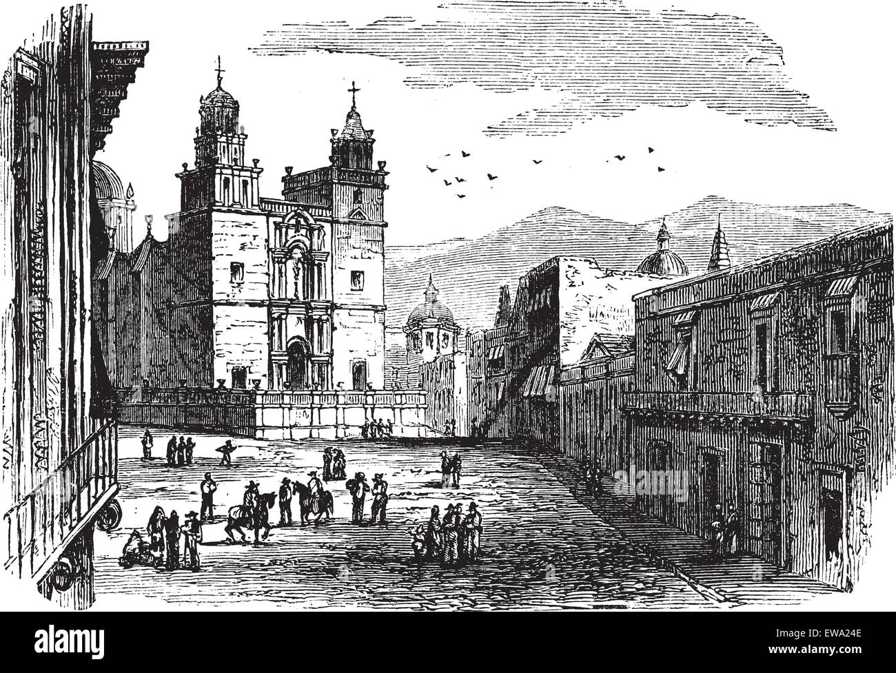 Cathedral at Guanajuato vintage engraving. Old engraved illustration of historic cathedral building at Guanajuato, 1890s. Stock Vector