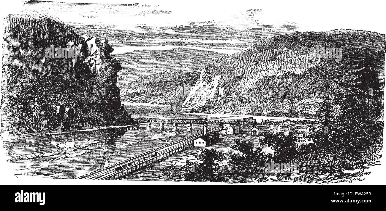 Harper's ferry, West Virginia, United States vintage engraving. Old engraved illustration of beautiful view of harper's ferry during 1890s. Stock Vector
