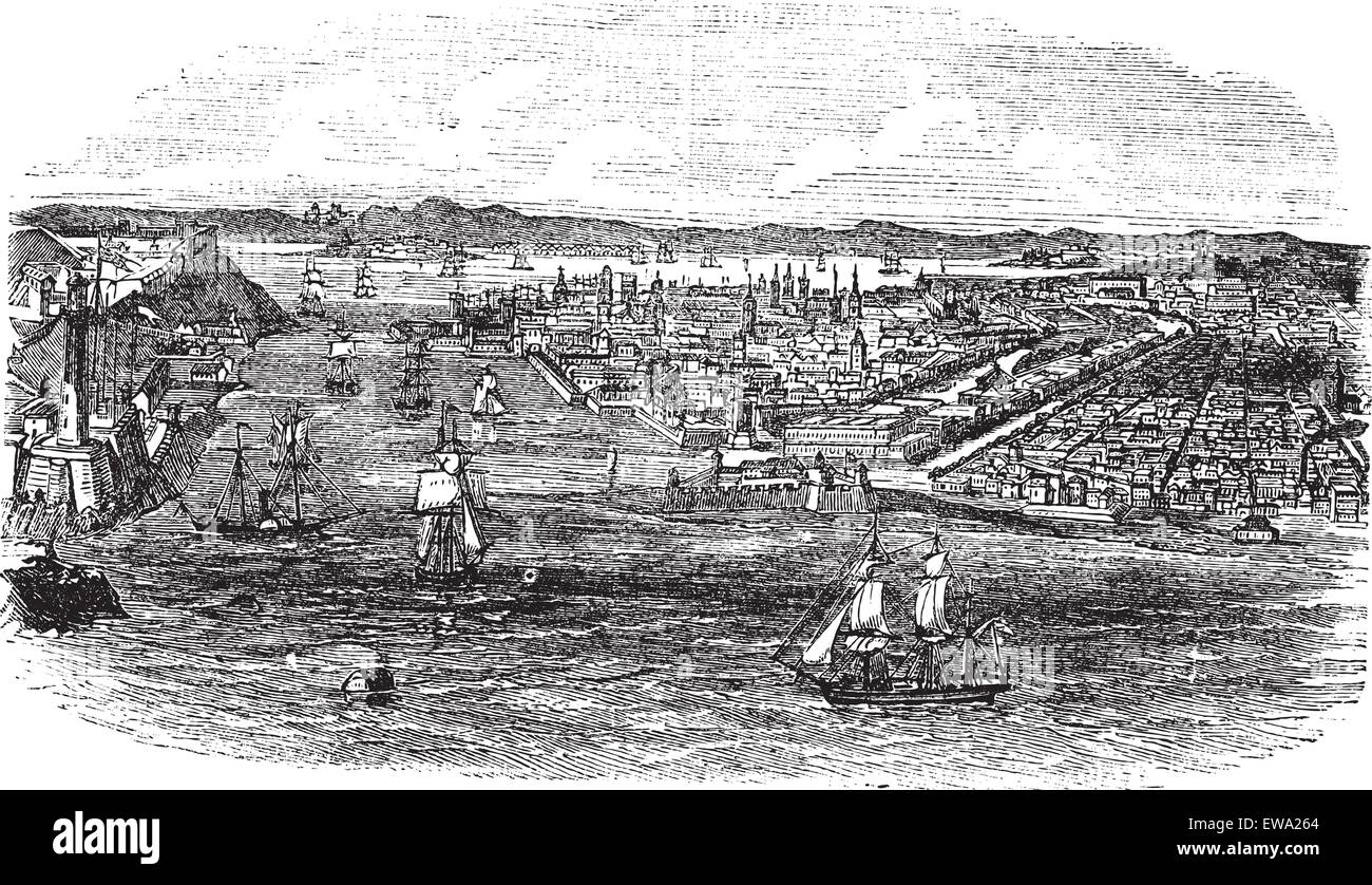 View of havana city, Cuba vintage engraving. Old engraved illustration of havana cityscape and boats at sea during 1890s. Stock Vector