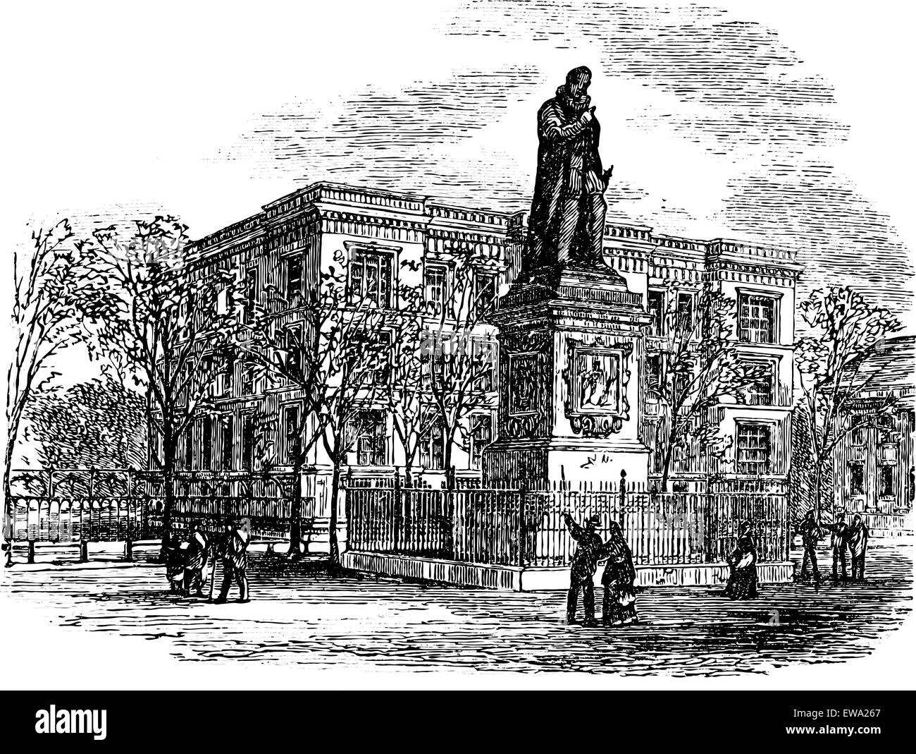 Statue of William I or Prince of Orange or William the Silent or William of Orange at The hague vintage engraving. Old engraved illustration of William the Silent's statue at Hague, Netherlands, during the 1980s. Stock Vector