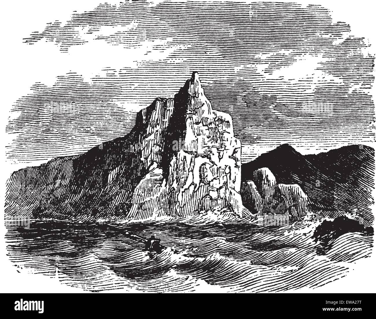Cape Horn in Chile, during the 1890s, vintage engraving. Old engraved illustration of Cape Horn with running water in front. Stock Vector
