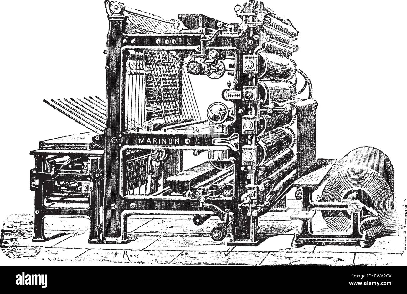 Marinoni Rotary printing press, vintage engraving. Old engraved