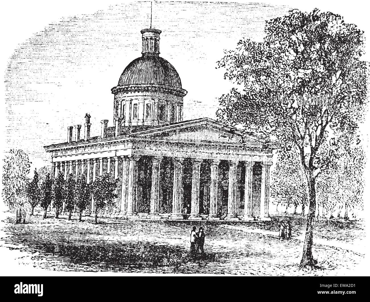 Indiana Statehouse in Indiana, America, during the 1890s, vintage engraving. Old engraved illustration of Indiana Statehouse with trees and people in front. Stock Vector