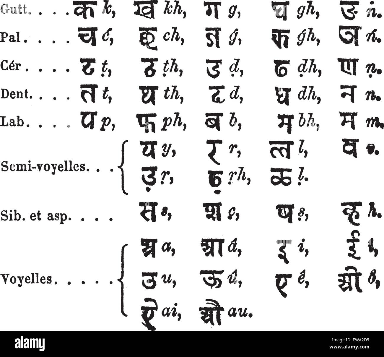 Standard Alphabet by Lepsius, vintage engraving. Old engraved illustration of Standard Alphabet by Lepsius. Stock Vector