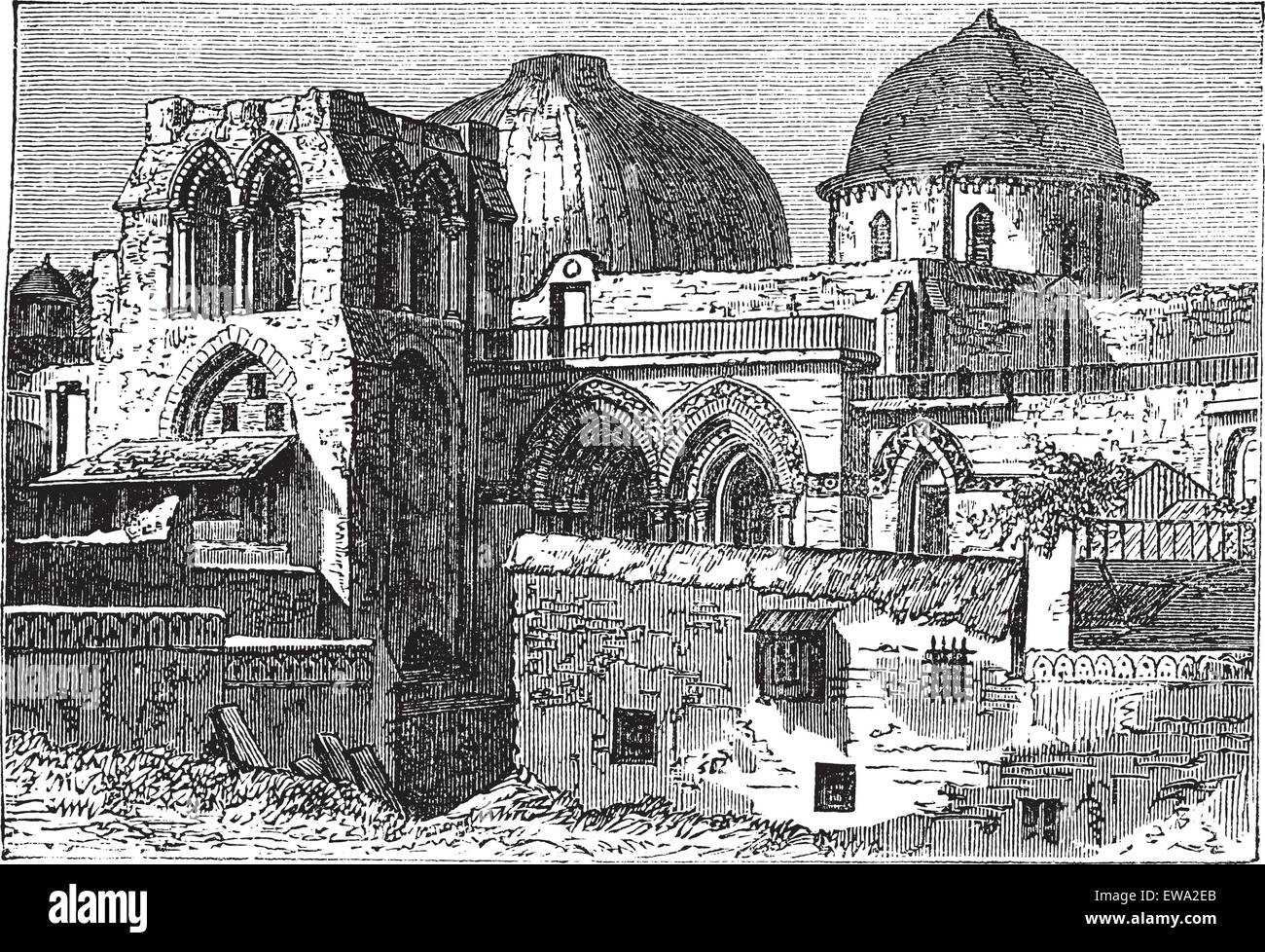 Church of the Holy Sepulchre or Church of the Resurrection in Jerusalem, Israel, during the 1890s, vintage engraving. Old engraved illustration of Church of the Holy Sepulchre. Stock Vector