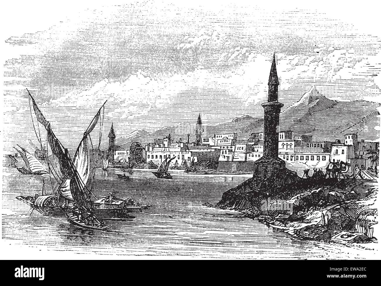 Jeddah or Jiddah or Jidda or Jedda in Saudi Arabia, during the 1890s, vintage engraving. Old engraved illustration of Jeddah with moving boats in front. Stock Vector