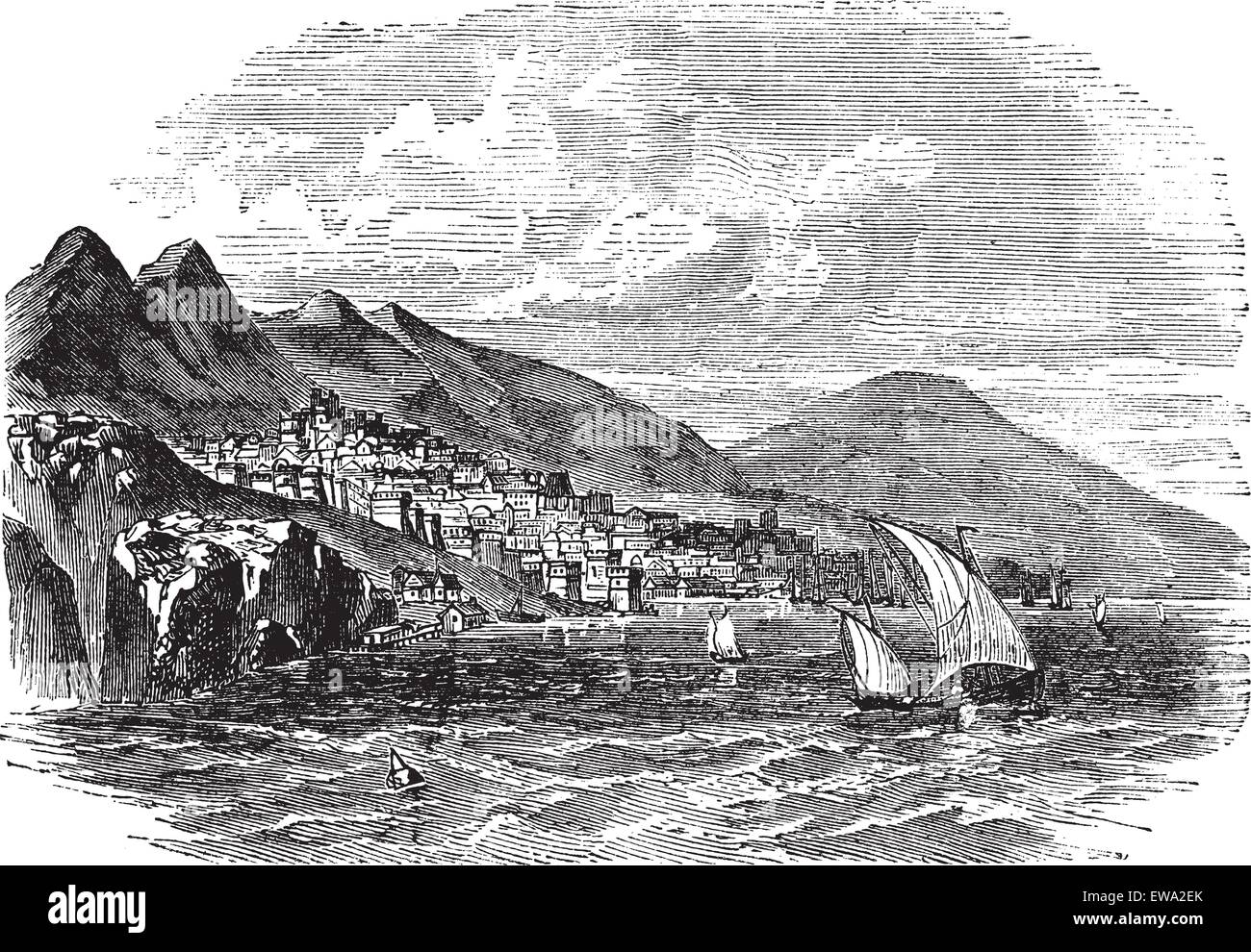 Feodosiya or Theodosia or Caffa or Kaffa in Crimea, Ukraine, during the 1890s, vintage engraving. Old engraved illustration of Feodosiya with lake in front. Stock Vector