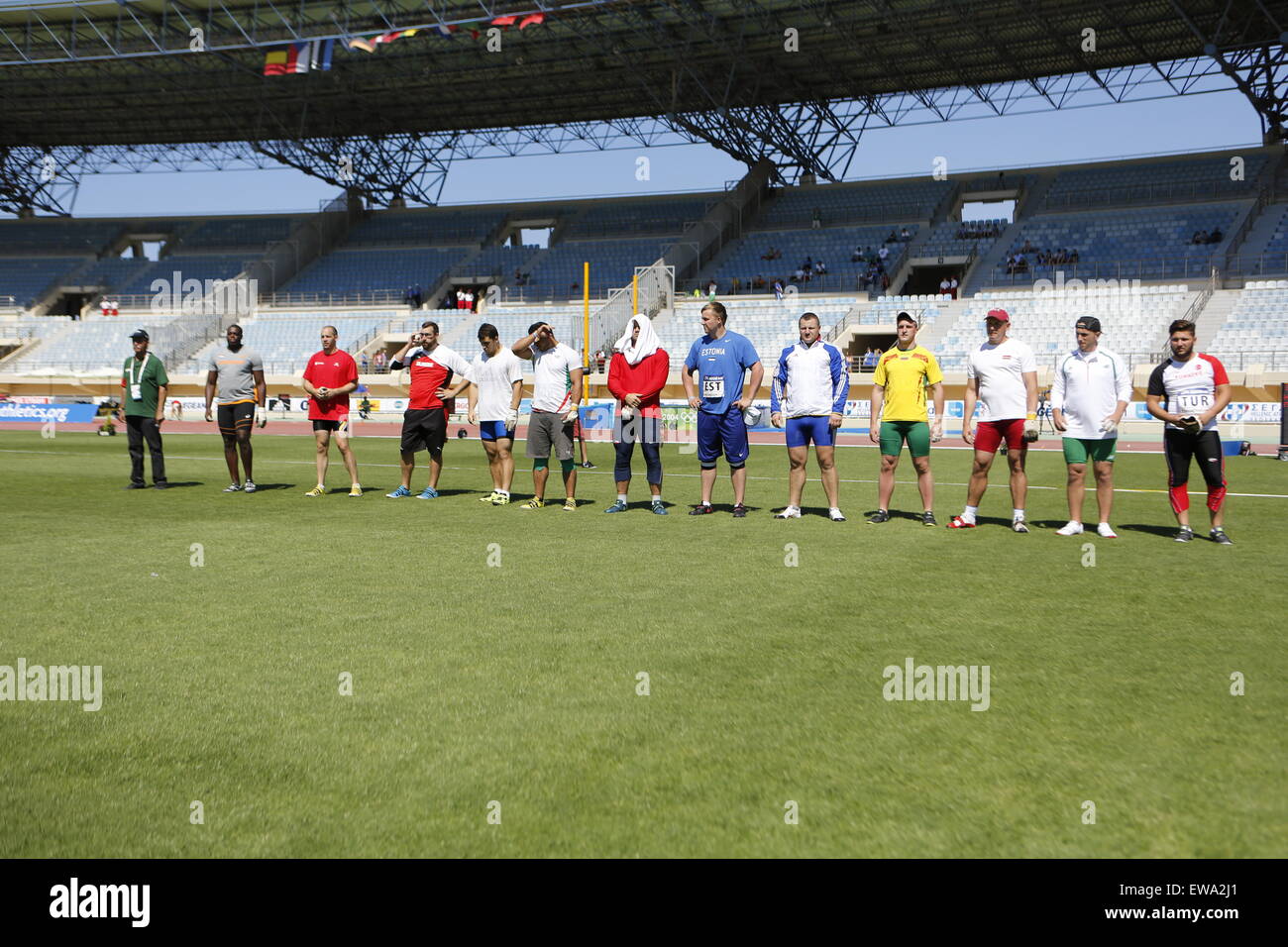 Heraklion, Greece. 20th June, 2015. The 12 hammer throwers are presented to the spectators. The first day of the 2015 European Athletics Team Championships First League saw 21 events with 1 athlete from each of the 12 participating countries taking place in the Pankrition Stadium in Heraklion on Crete. © Michael Debets/Pacific Press/Alamy Live News Stock Photo